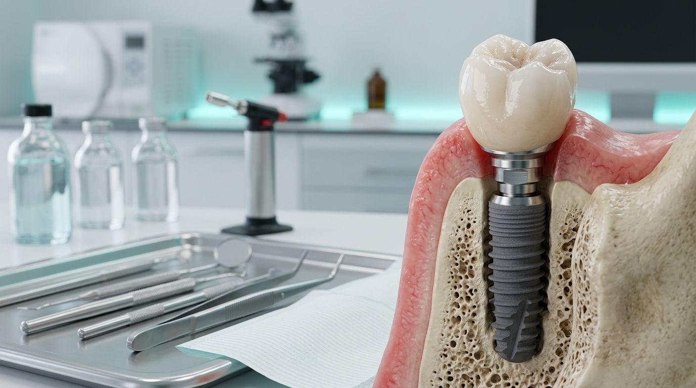 Dental implant structure showing titanium post, abutment and ceramic crown